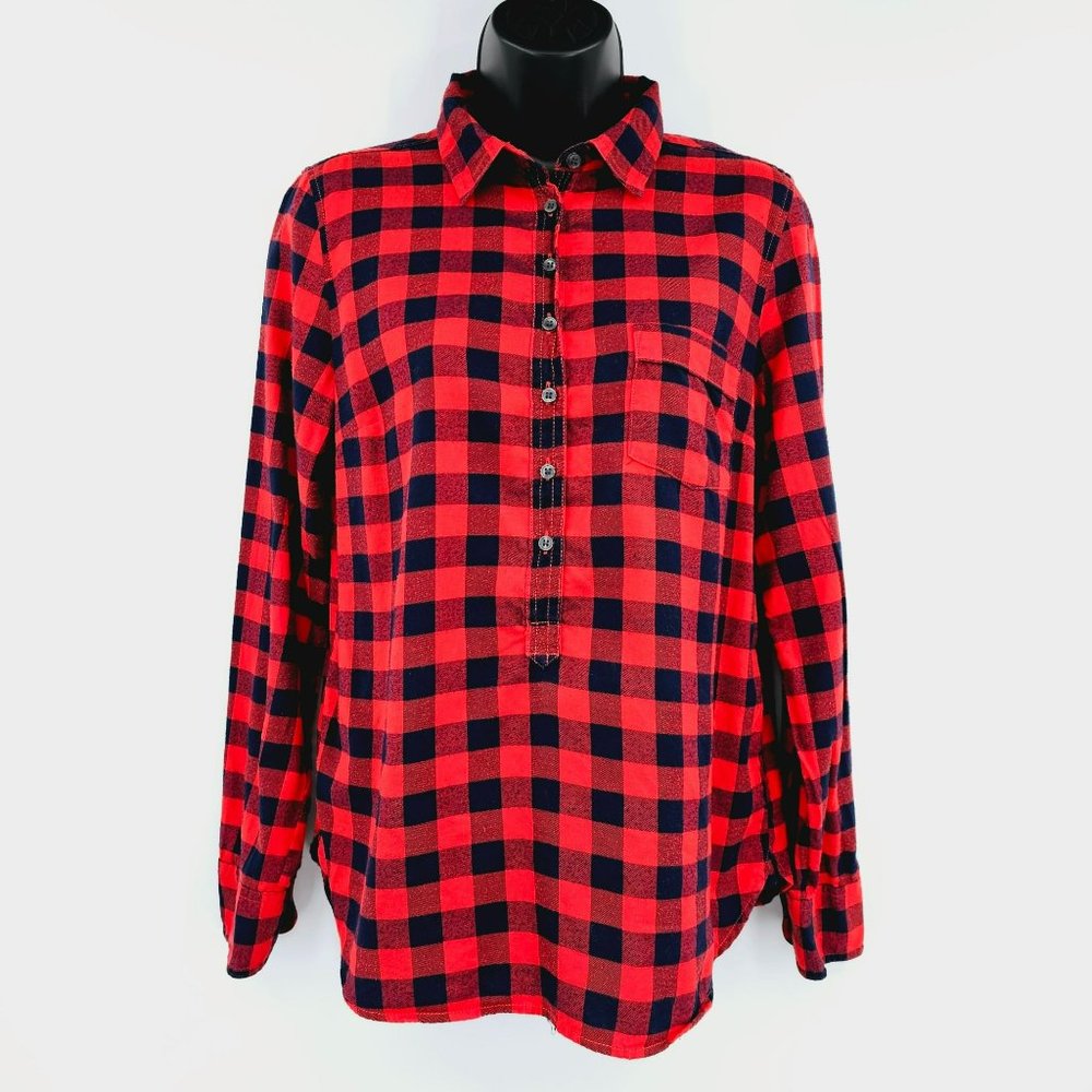 J Crew Factory Popover Shirt S Red Black Buffalo Plaid Check Button Long Sleeve